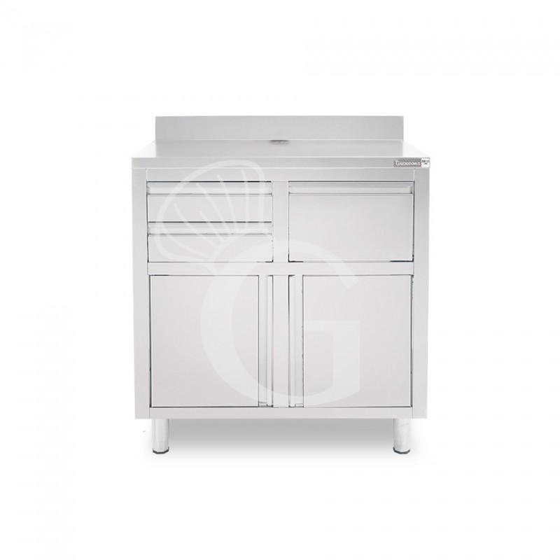 Banco bar per macchina caffè con cassetti, tramoggia e piano in inox con alzatina - L 1000 x P 600 x H 1150 mm