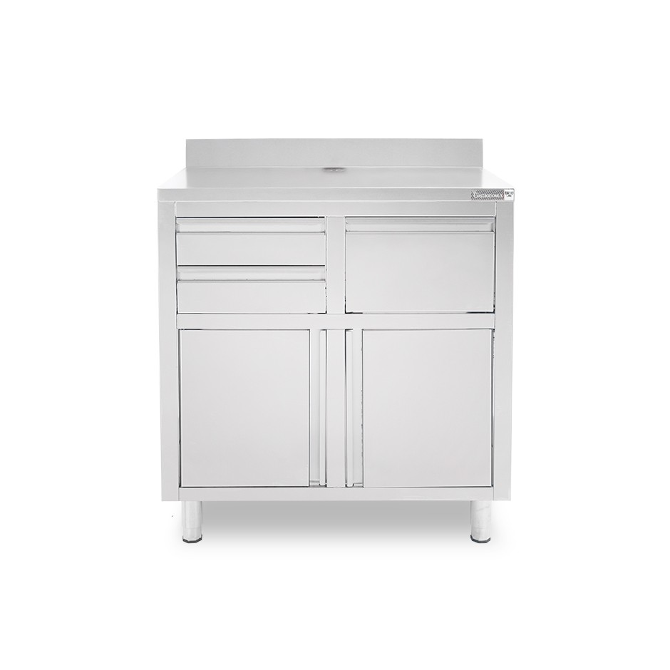 Banco bar per macchina caffè con cassetti, tramoggia e piano in inox con alzatina - L 1000 x P 600 x H 1150 mm