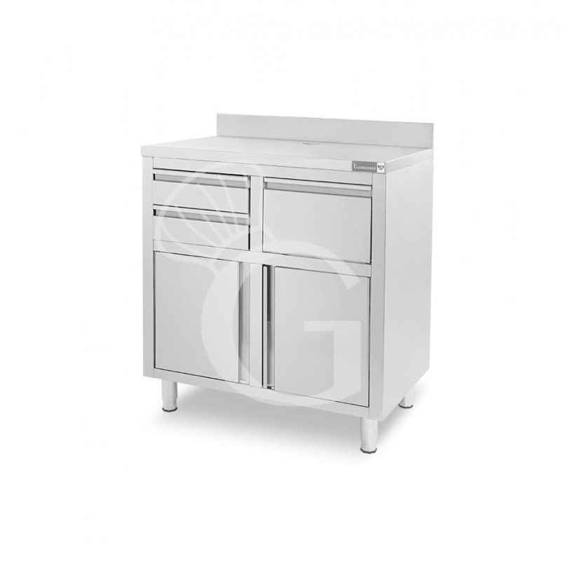Banco bar per macchina caffè con cassetti, tramoggia e piano in inox con alzatina - L 1000 x P 600 x H 1150 mm