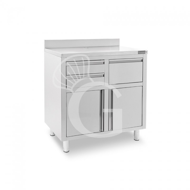 Banco bar per macchina caffè con cassetti, tramoggia e piano in inox con alzatina - L 1000 x P 600 x H 1150 mm