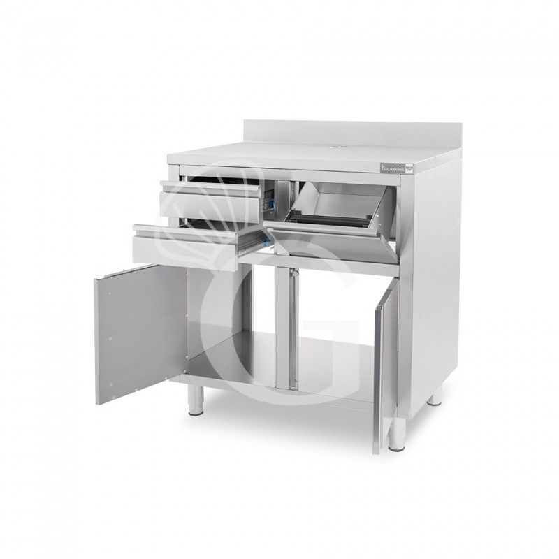 Banco bar per macchina caffè con cassetti, tramoggia e piano in inox con alzatina - L 1000 x P 600 x H 1150 mm