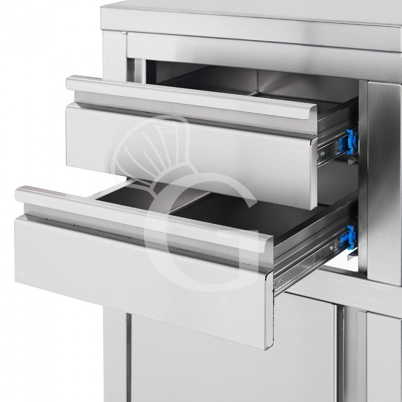Banco bar per macchina caffè con cassetti, tramoggia e piano in inox con alzatina - L 1000 x P 600 x H 1150 mm