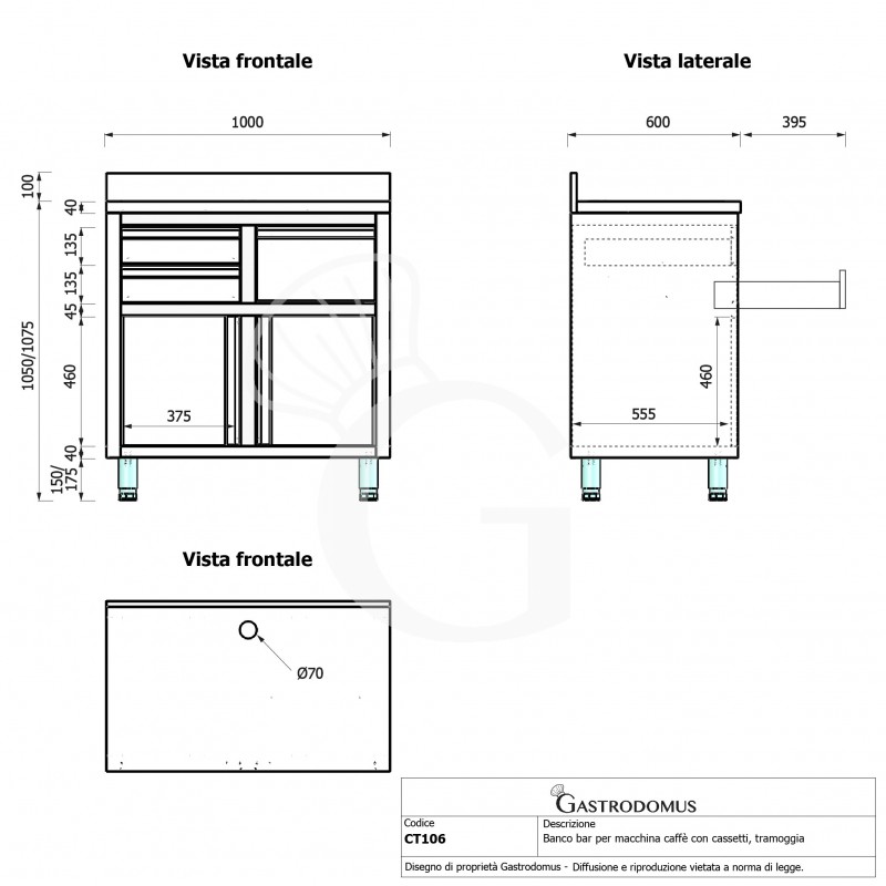 Banco bar per macchina caffè con cassetti, tramoggia e piano in inox con alzatina - L 1000 x P 600 x H 1150 mm
