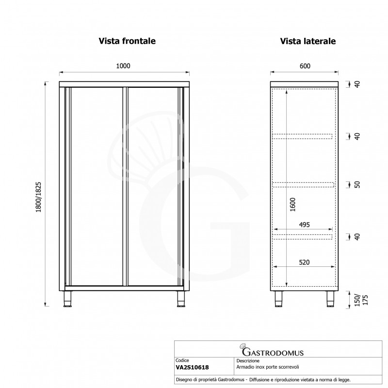 Armadio acciaio inox con 2 porte scorrevoli, 3 ripiani, L 1000 x P 600 x H 1800 mm