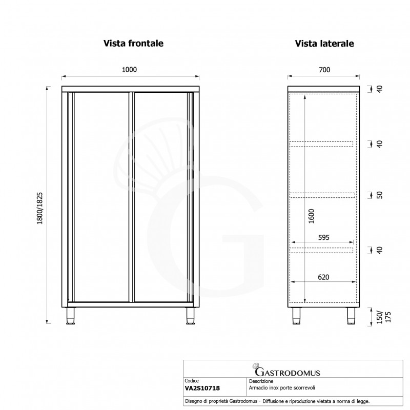 Armadio acciaio inox con 2 porte scorrevoli, 3 ripiani, L 1000 x P 700 x H 1800 mm