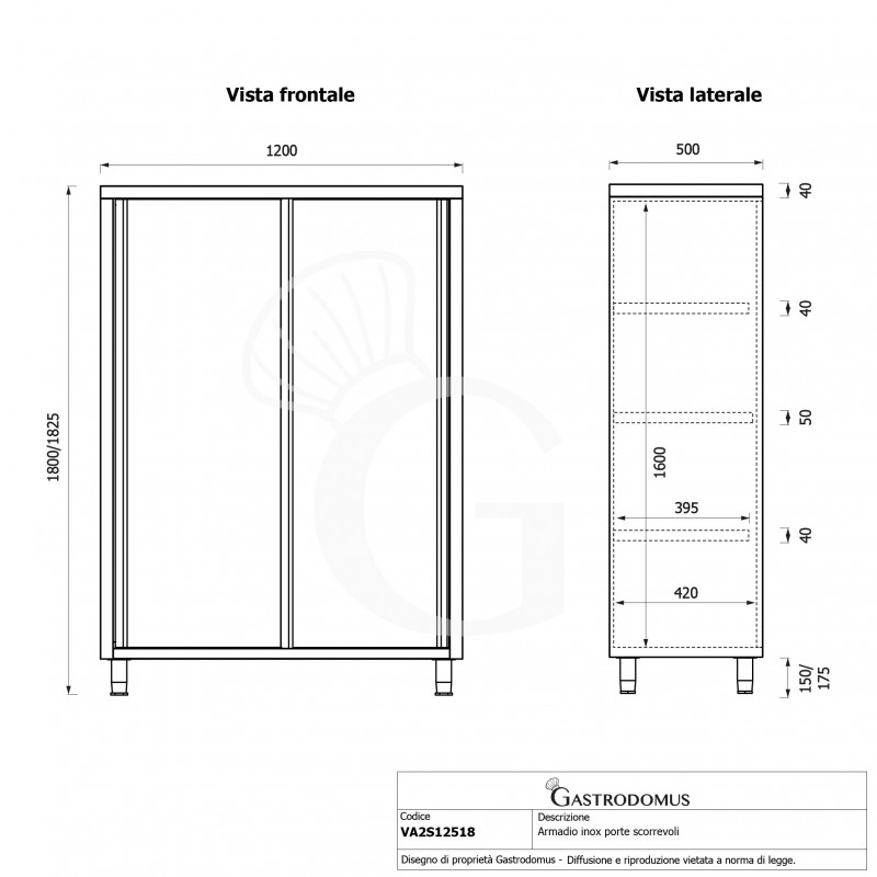 Armadio acciaio inox con 2 porte scorrevoli, 3 ripiani, L 1200 x P 500 x H 1800 mm