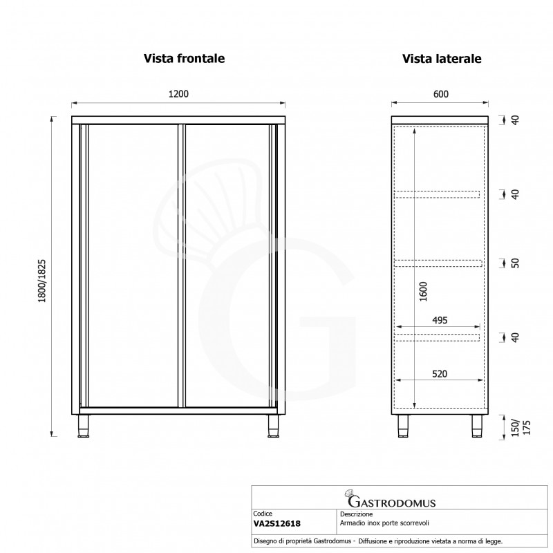Armadio acciaio inox con 2 porte scorrevoli, 3 ripiani, L 1200 x P 600 x H 1800 mm