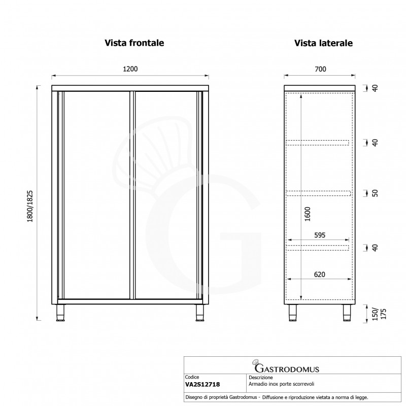 Armadio acciaio inox con 2 porte scorrevoli, 3 ripiani, L 1200 x P 700 x H 1800 mm