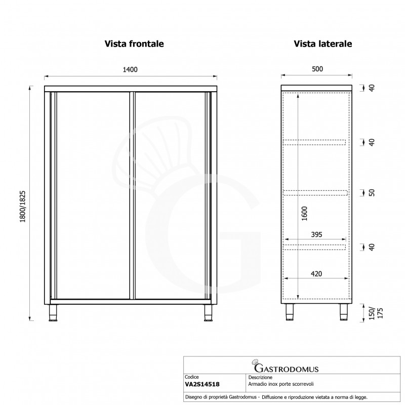 Armadio acciaio inox con 2 porte scorrevoli, 3 ripiani, L 1400 x P 500 x H 1800 mm