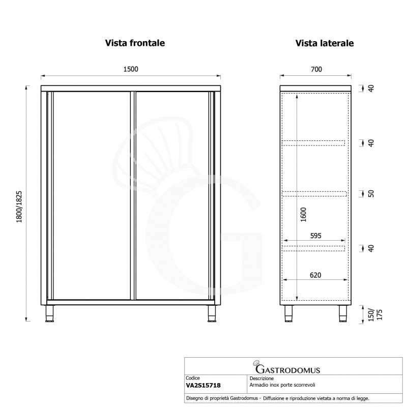 Armadio acciaio inox con 2 porte scorrevoli, 3 ripiani, L 1500 x P 700 x H 1800 mm