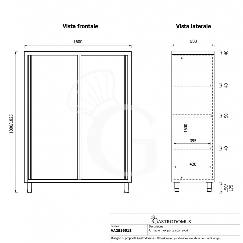 Armadio acciaio inox con 2 porte scorrevoli, 3 ripiani, L 1600 x P 500 x H 1800 mm