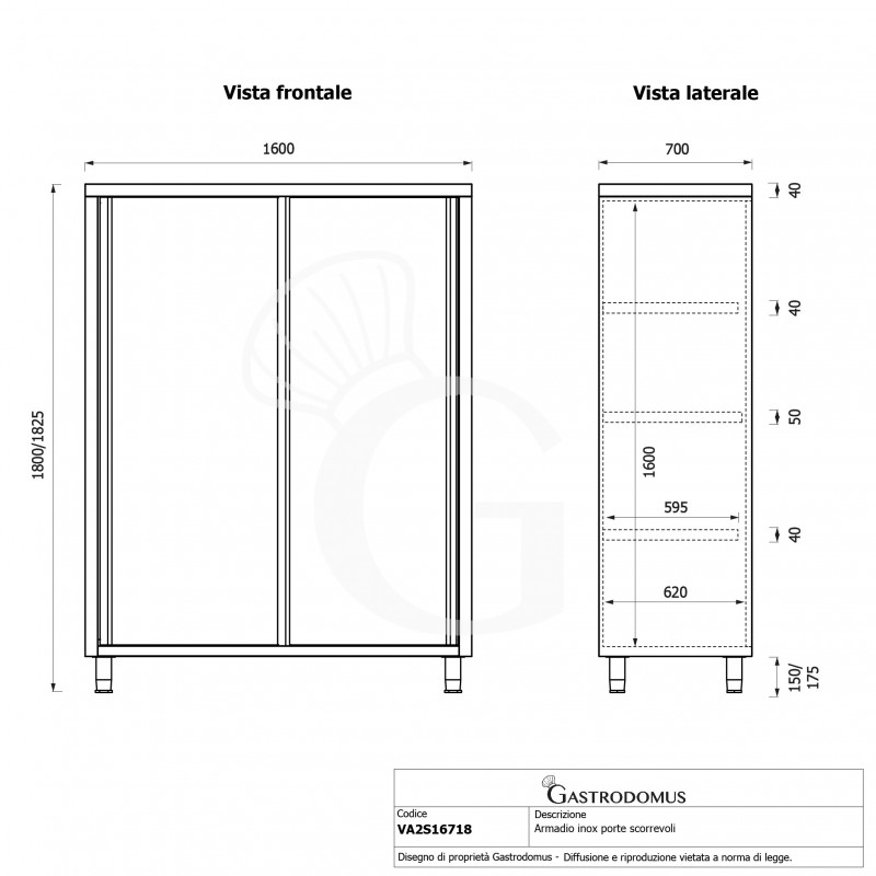 Armadio acciaio inox con 2 porte scorrevoli, 3 ripiani, L 1600 x P 700 x H 1800 mm