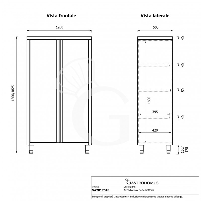 Armadio acciaio inox con 2 porte battenti, 3 ripiani, L 1200 x P 500 x H 1800 mm