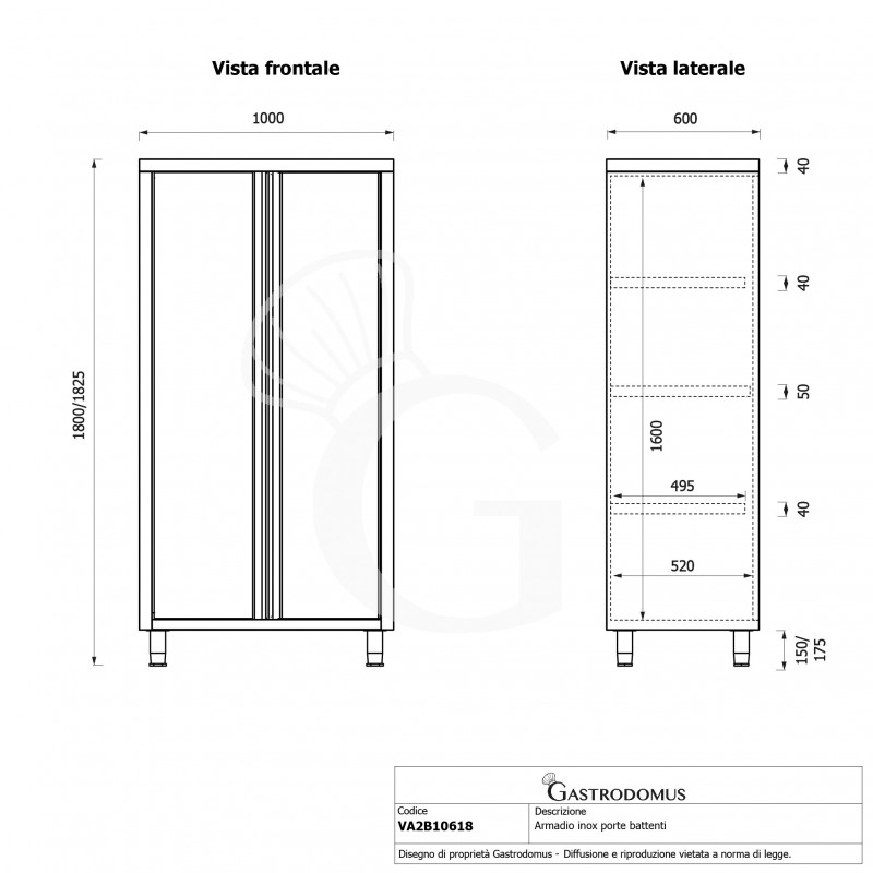 Armadio acciaio inox con 2 porte battenti, 3 ripiani, L 1000 x P 600 x H 1800 mm