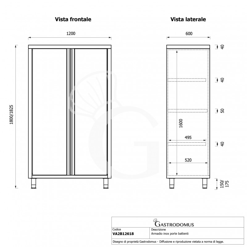 Armadio acciaio inox con 2 porte battenti, 3 ripiani, L 1200 x P 600 x H 1800 mm