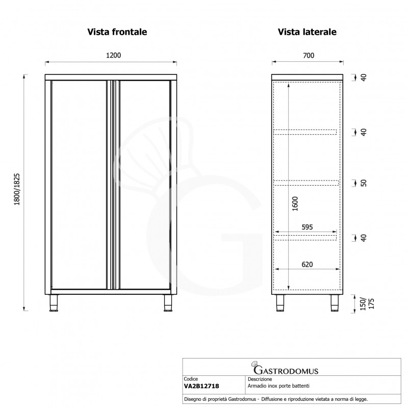 Armadio acciaio inox con 2 porte battenti, 3 ripiani, L 1200 x P 700 x H 1800 mm