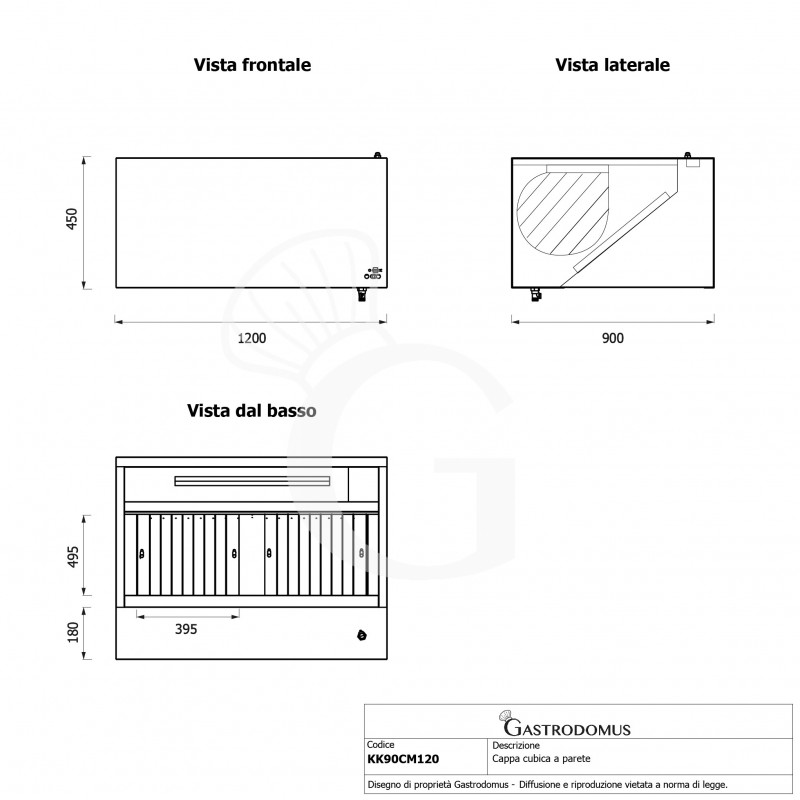 Cappa cubica a parete con motore full optional L1200xP900xH450mm