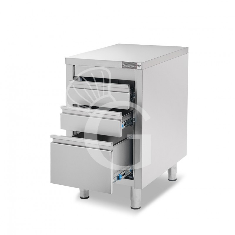 Cassettiera inox con 2 cassetti e un cassettone L 500 x P 700 x H 855 mm