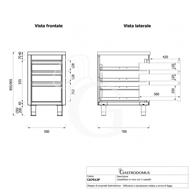 Cassettiera inox con 2 cassetti e un cassettone L 500 x P 700 x H 855 mm