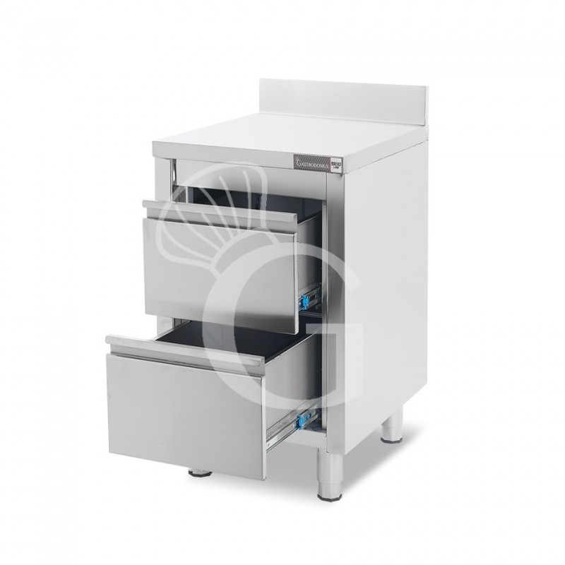 Cassettiera inox con 2 cassetti e alzatina L 500 x P 600 x H 955 mm