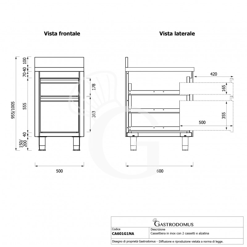 Cassettiera inox con cassetto, bottigliera e alzatina L 500 x P 600 x H 955 mm