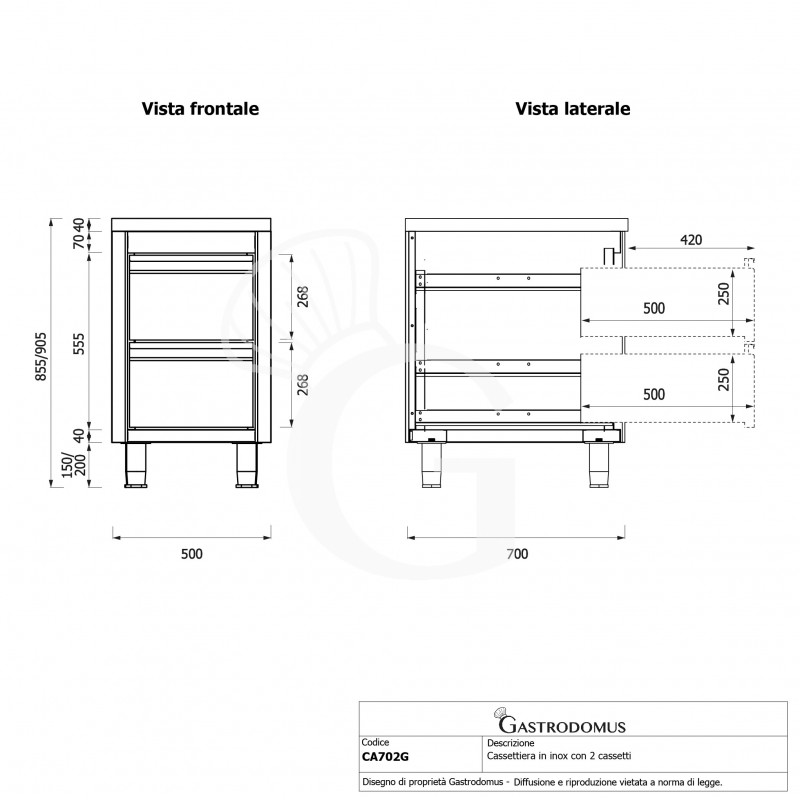Cassettiera inox con 2 cassetti L 500 x P 700 x H 855 mm