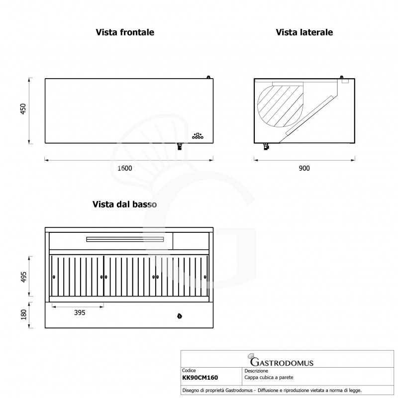 Cappa cubica a parete con motore full optional L1600xP900xH450mm