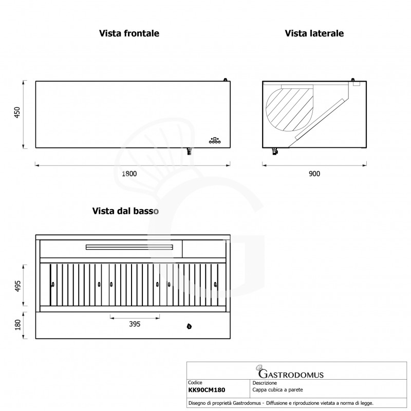 Cappa cubica a parete con motore full optional L1800xP900xH450mm