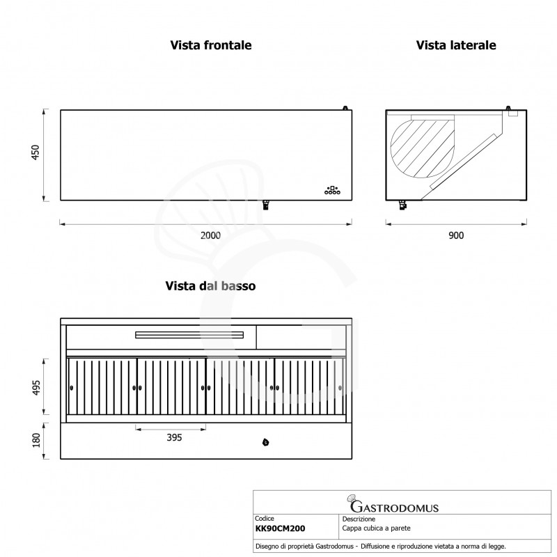 Cappa cubica a parete con motore full optional L2000xP900xH450mm