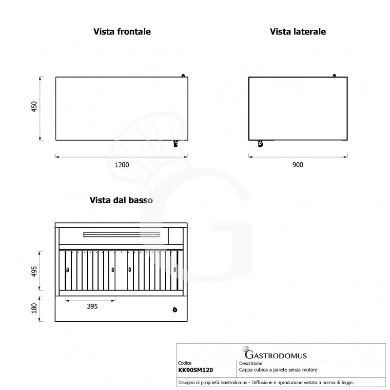 Cappa cubica a parete senza motore L1200xP900xH450mm