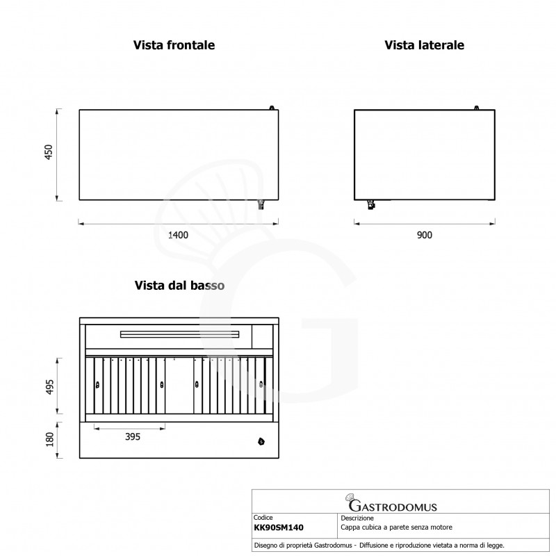 Cappa cubica a parete senza motore L1400xP900xH450mm