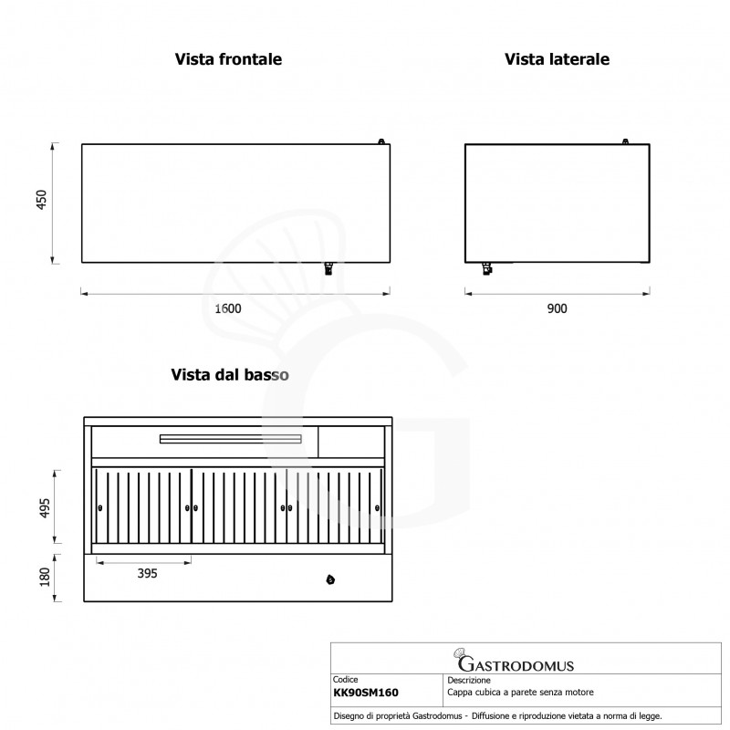 Cappa cubica a parete senza motore L1600xP900xH450mm