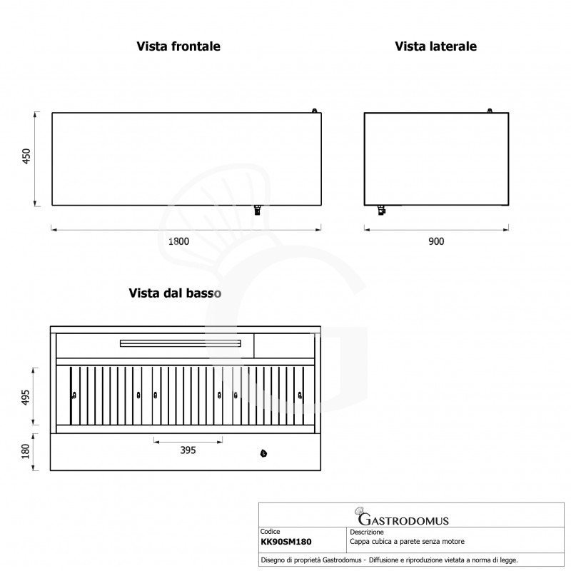 Cappa cubica a parete senza motore L1800xP900xH450mm