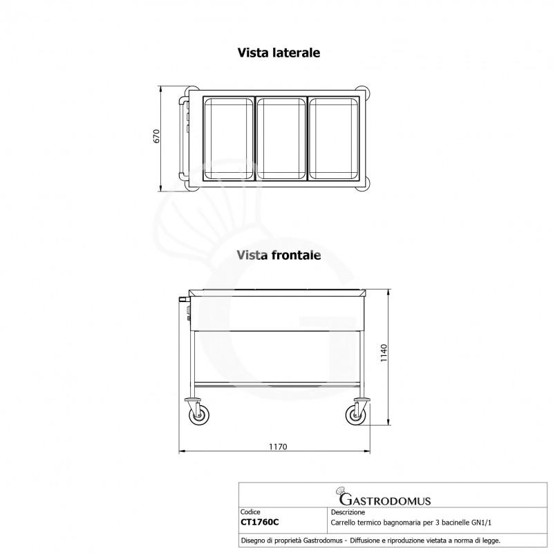 Carrello termico bagnomaria per 3 bacinelle GN1/1 - L 1170 mm x P 670 mm x H 1140 mm