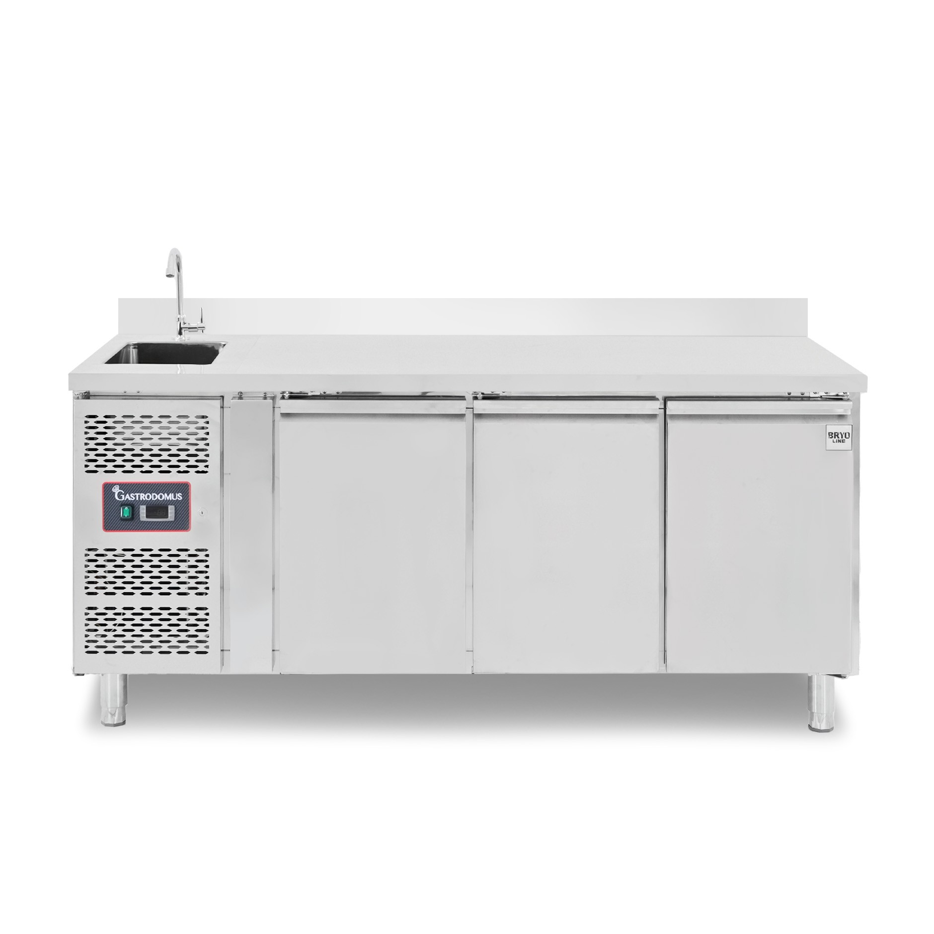 Tavolo refrigerato 3 porte con lavello e alzatina, motore a sinistra, P 700 mm, temp +2°C/+8°C, completo di rubinetto