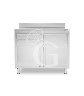 Banco bar per macchina caffè con cassetti, tramoggia e piano in inox con alzatina - L 1245 x P 600 x H 1150 mm