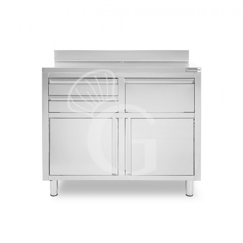 Banco bar per macchina caffè con cassetti, tramoggia e piano in inox con alzatina - L 1245 x P 600 x H 1150 mm