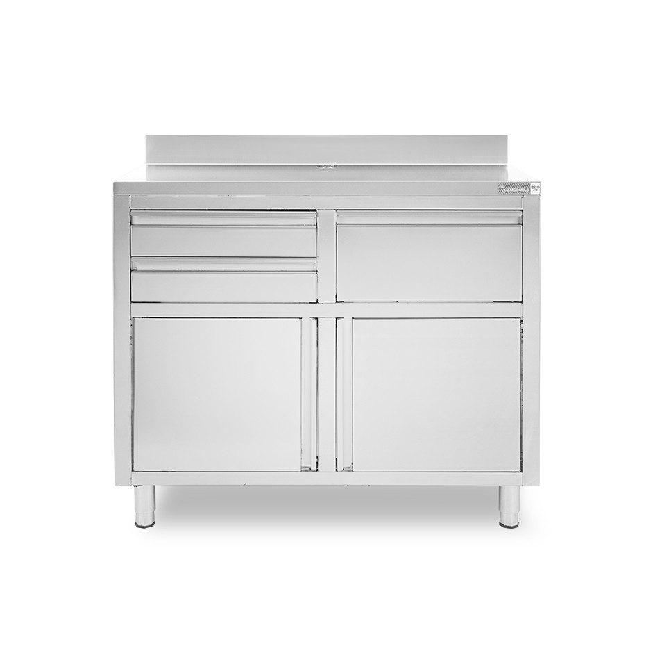 Banco bar per macchina caffè con cassetti, tramoggia e piano in inox con alzatina - L 1245 x P 600 x H 1150 mm