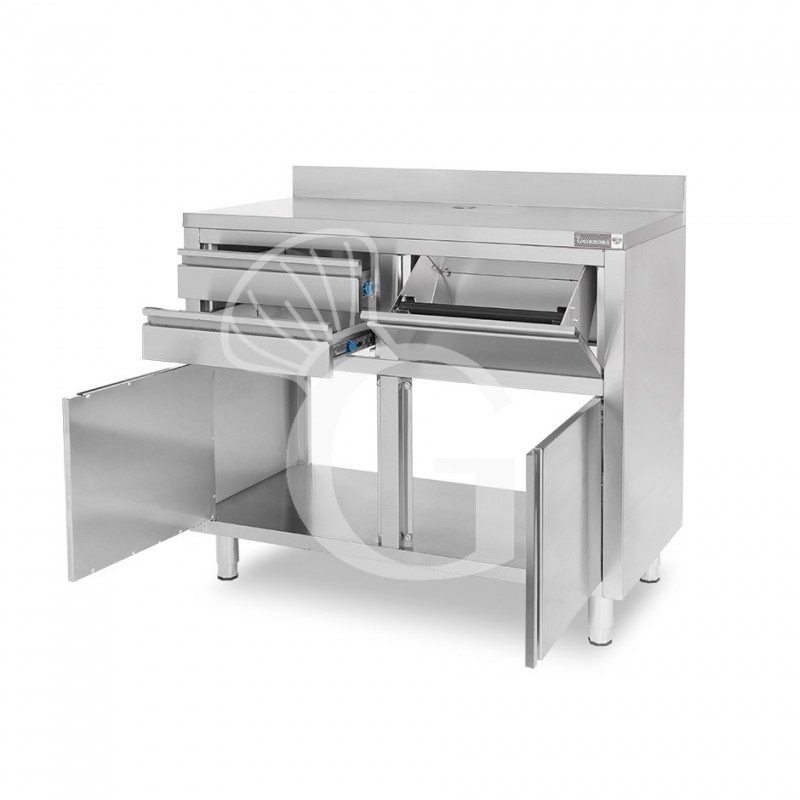 Banco bar per macchina caffè con cassetti, tramoggia e piano in inox con alzatina - L 1245 x P 600 x H 1150 mm