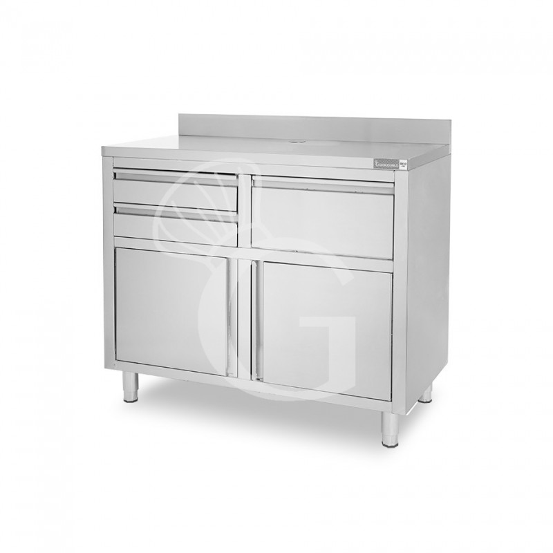 Banco bar per macchina caffè con cassetti, tramoggia e piano in inox con alzatina - L 1245 x P 600 x H 1150 mm