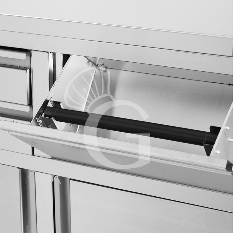 Banco bar per macchina caffè con cassetti, tramoggia e piano in inox con alzatina - L 1245 x P 600 x H 1150 mm