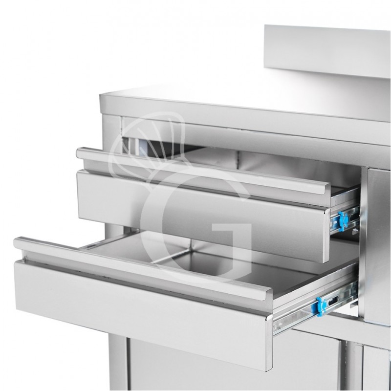 Banco bar per macchina caffè con cassetti, tramoggia e piano in inox con alzatina - L 1245 x P 600 x H 1150 mm