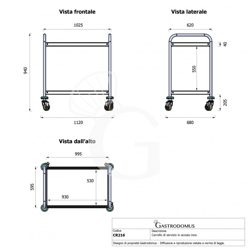Carrello di servizio in acciaio inox con 2 piani L 1120 x P 680 x H 940 mm