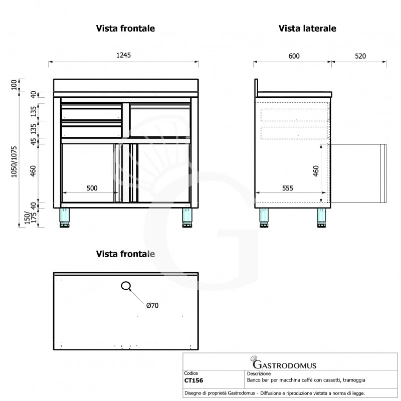 Banco bar per macchina caffè con cassetti, tramoggia e piano in inox con alzatina - L 1245 x P 600 x H 1150 mm