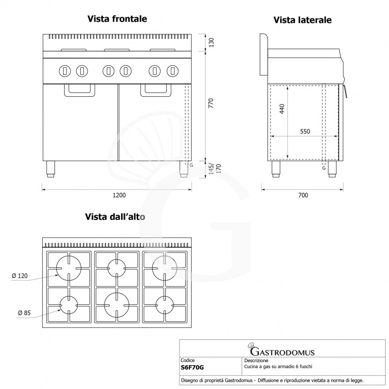 Cucina professionale a gas 6 fuochi armadio chiuso profondità 700 mm