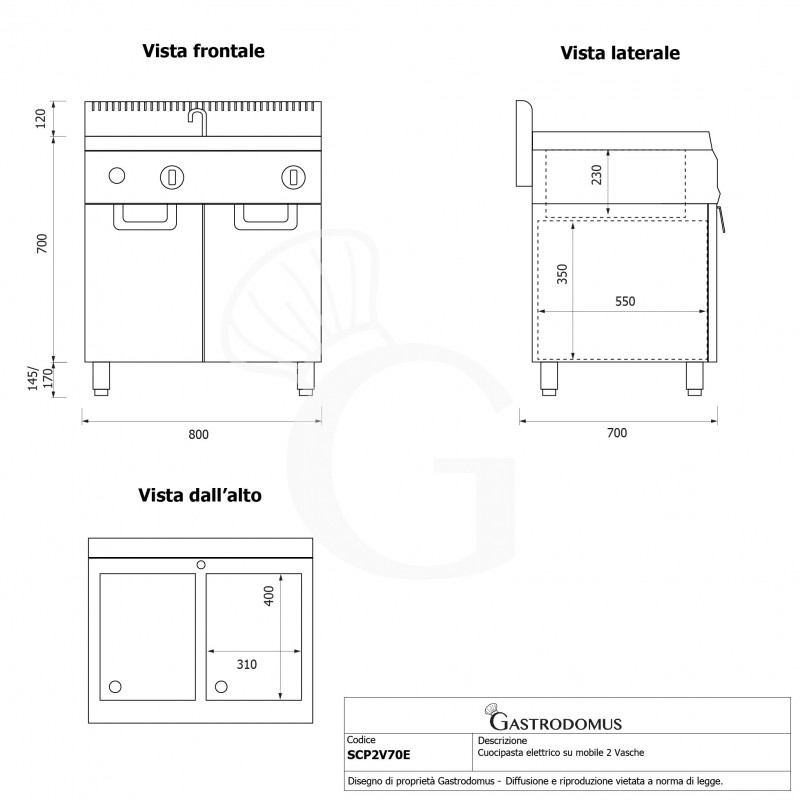 Cuocipasta professionale elettrico su mobile chiuso 2 vasche, 28 LT + 28 LT 24 Kw Prof.700