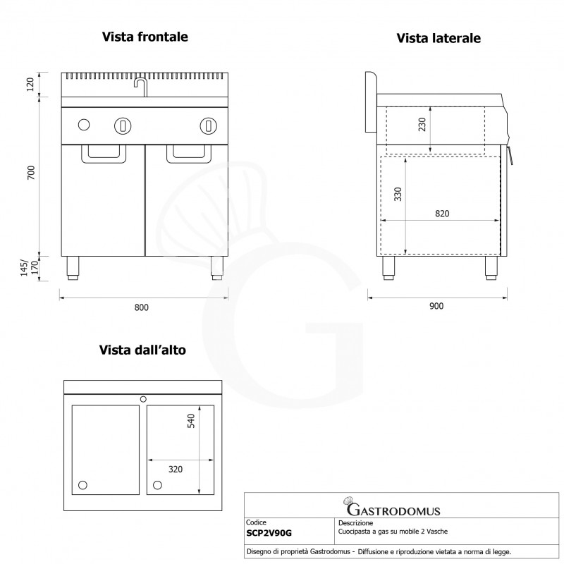 Cuocipasta professionale a gas su mobile chiuso 2 vasche, 40 LT + 40 LT, Prof.900