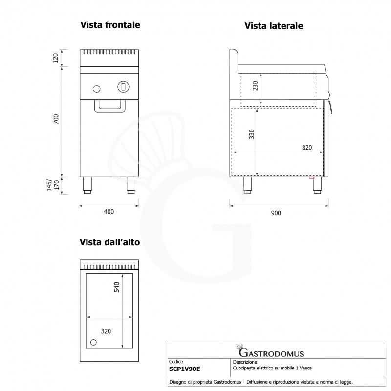 Cuocipasta professionale elettrico su mobile chiuso 1 vasca 40 LT