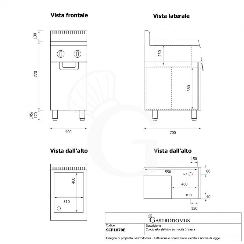 Cuocipasta professionale elettrico su mobile chiuso, 1 vasca 28 LT, 12 KW, Prof.700