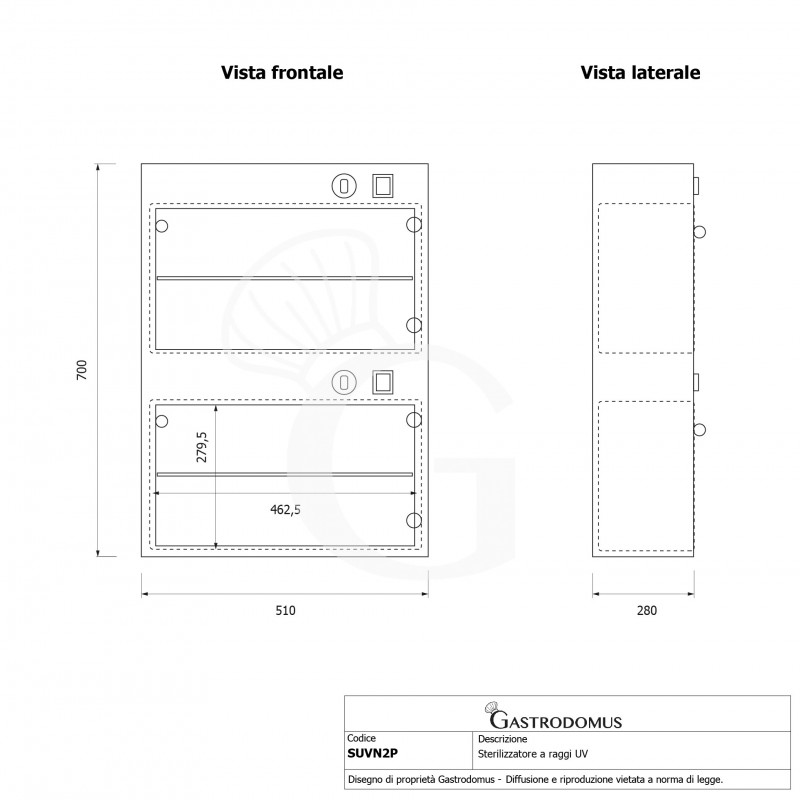 Sterilizzatore a raggi UV dimensioni L 510 mm x P 280 mm x H 700 mm
